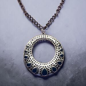 Handmade Vintage-Curated Blue Enamel Circle Pendant Necklace 22” Silver Tone